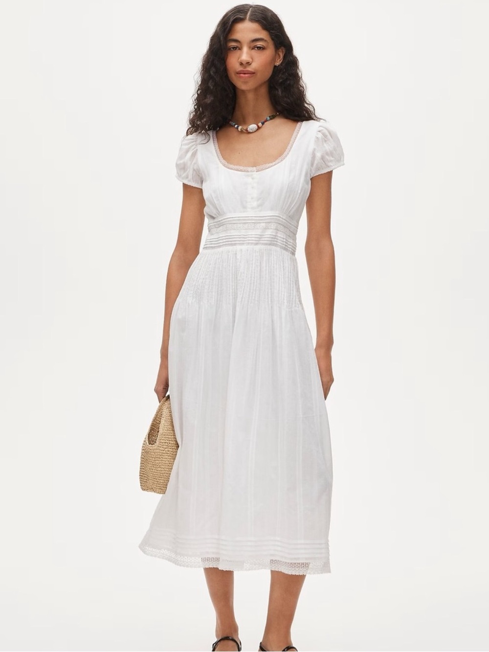 J. Crew White Lace-Trim Pintuck Midi Dress